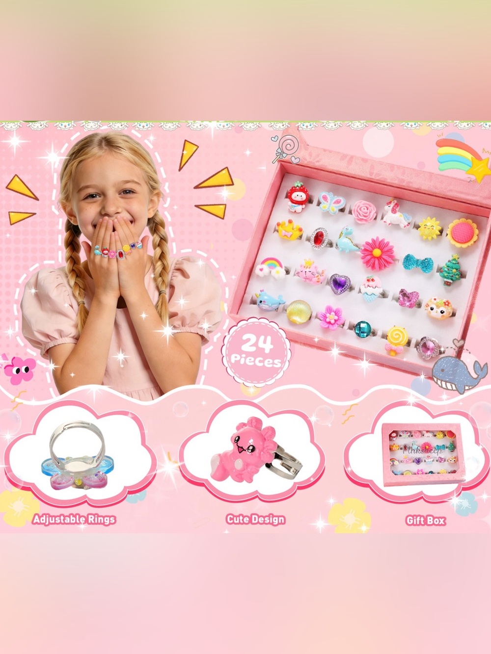 Pink Sheep 24 Pc Set Girl Jewel Rings - Picture 6 of 6